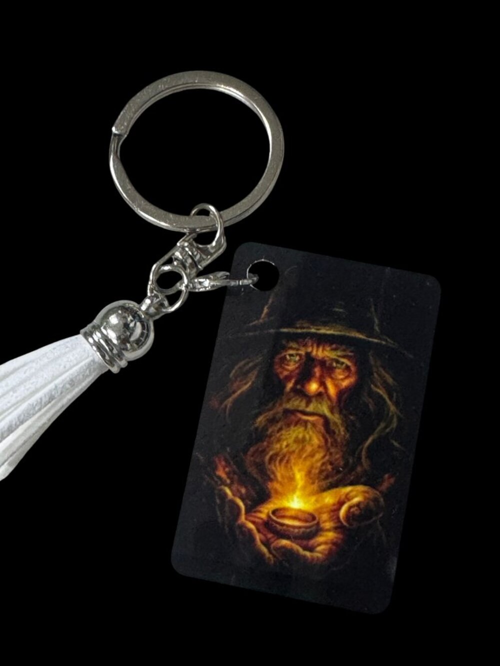Wizard Holding Glowing Ring Metal Keychain with White Tassel and Silver Ring,